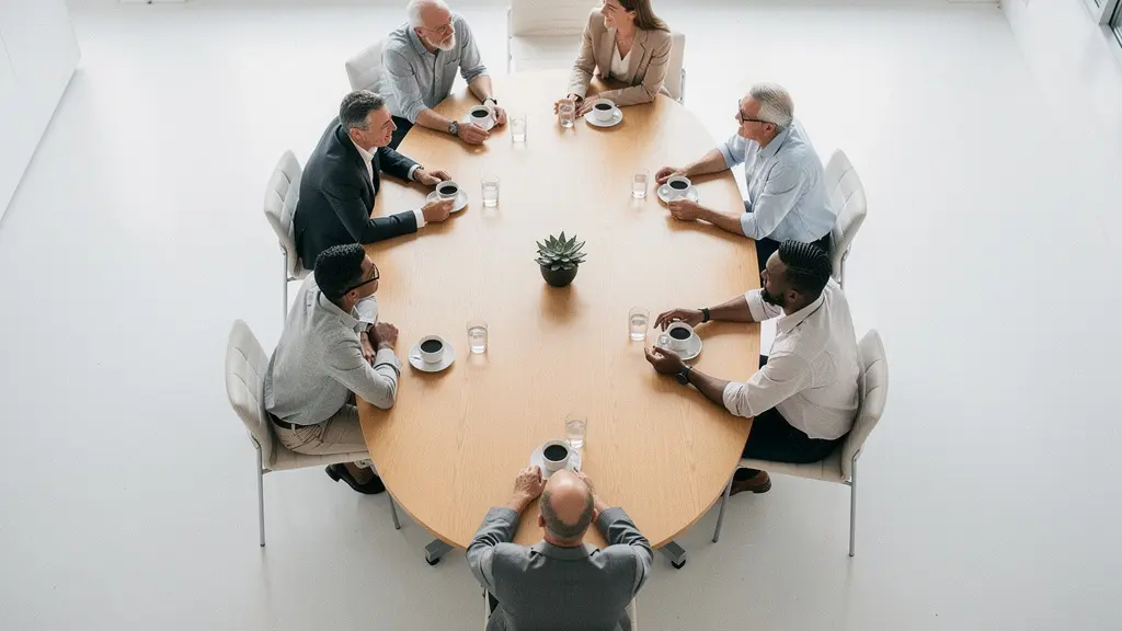 Vue en plongée d'une équipe diversifiée réunie autour d'une grande table de travail collaborative, symbolisant la force collective des ambassadeurs de marque