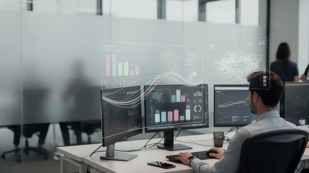 Professionnel analysant des données complexes transformées en insights actionnables sur un écran moderne