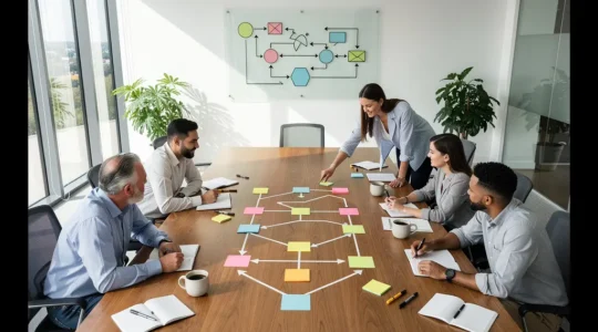 Équipe multidisciplinaire analysant une carte de processus visuelle sur une table de travail moderne
