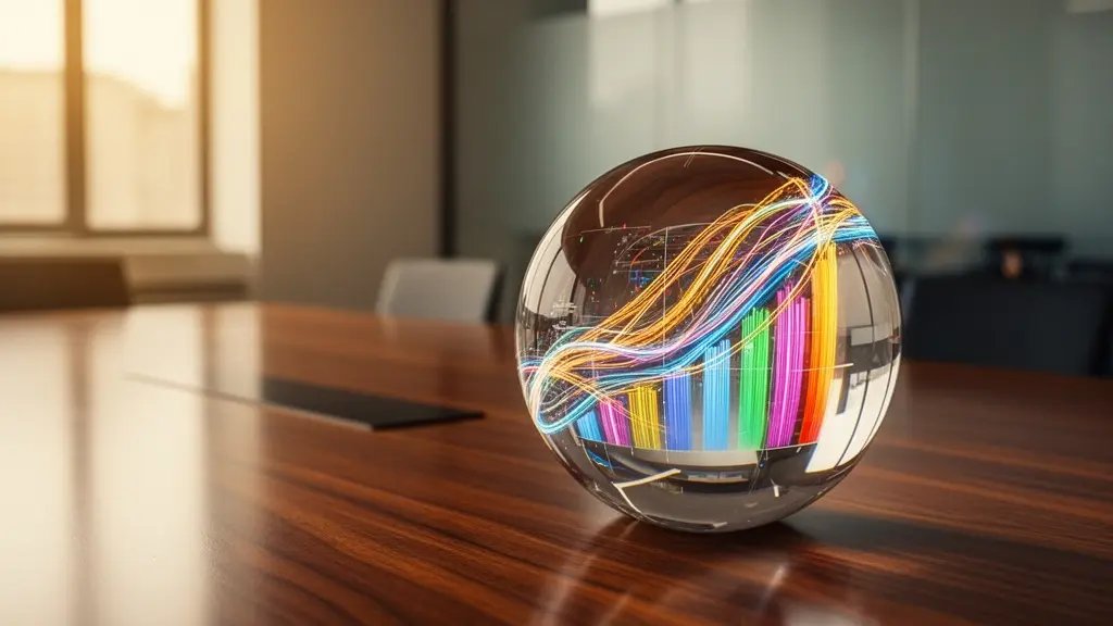 Tableau de bord financier avec graphiques de performance marketing affichés sur écran en arrière-plan flou, avec calculatrice et documents au premier plan