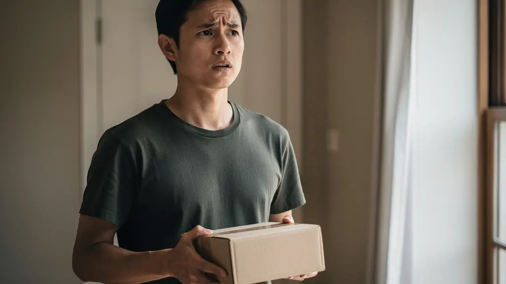 Portrait d’un acheteur inquiet dans une entrée, tenant un colis neutre sans étiquette, illustrant l’anxiété liée au manque d’informations de suivi.