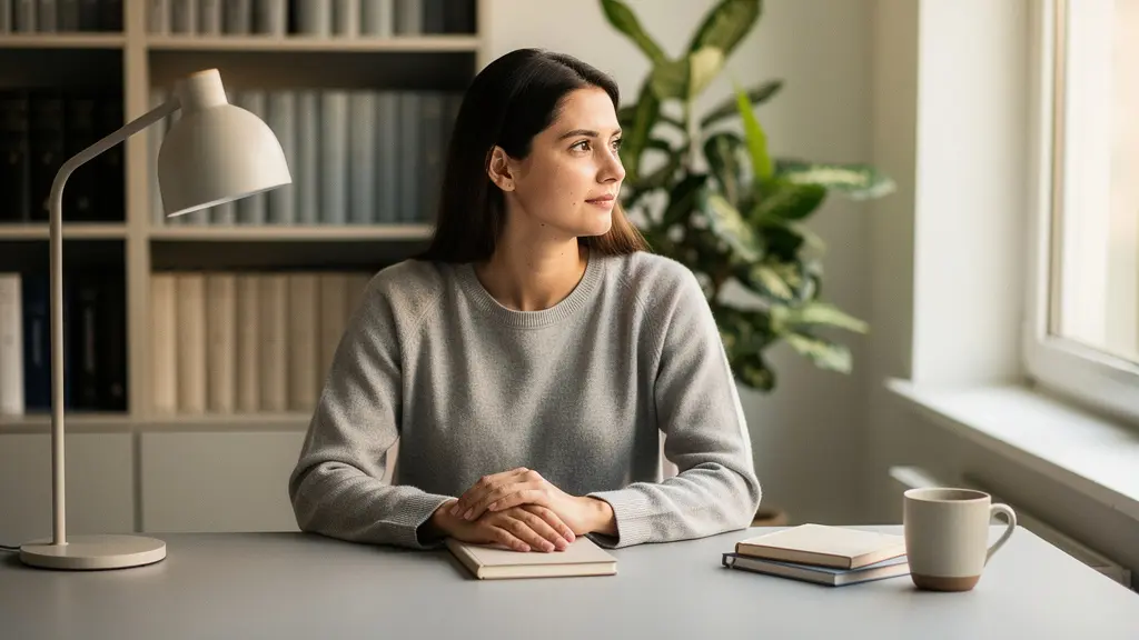 Personne concentrée devant son espace d'apprentissage organisé avec lumière naturelle