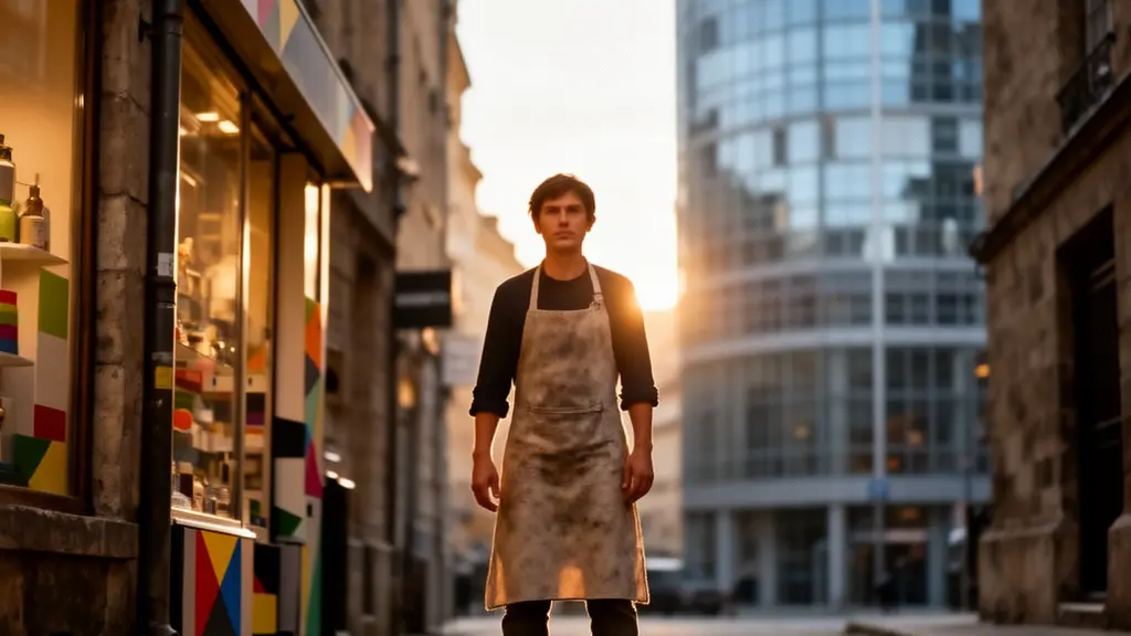 Silhouette humaine éclairée par une lumière chaude se détachant face à une immense ombre froide et géométrique, symbolisant le positionnement rebelle face à un système dominant