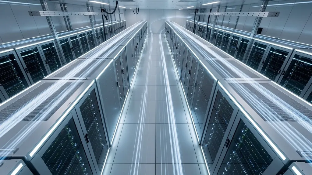 Vue aérienne minimaliste d'un datacenter moderne avec des connexions lumineuses abstraites