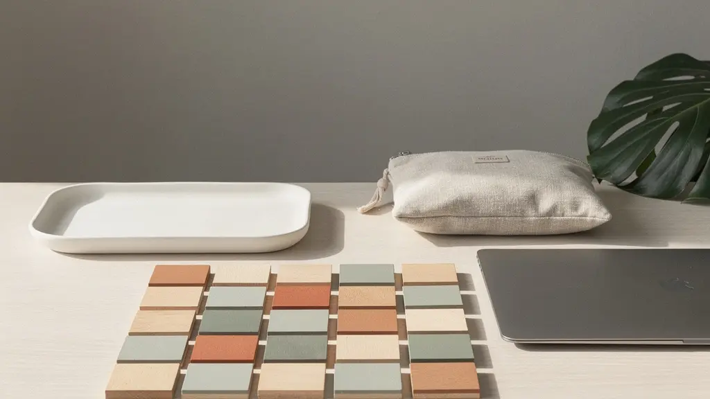 Vue large d'un espace de travail minimaliste où des blocs colorés sont alignés comme un calendrier, sans papier ni écran.