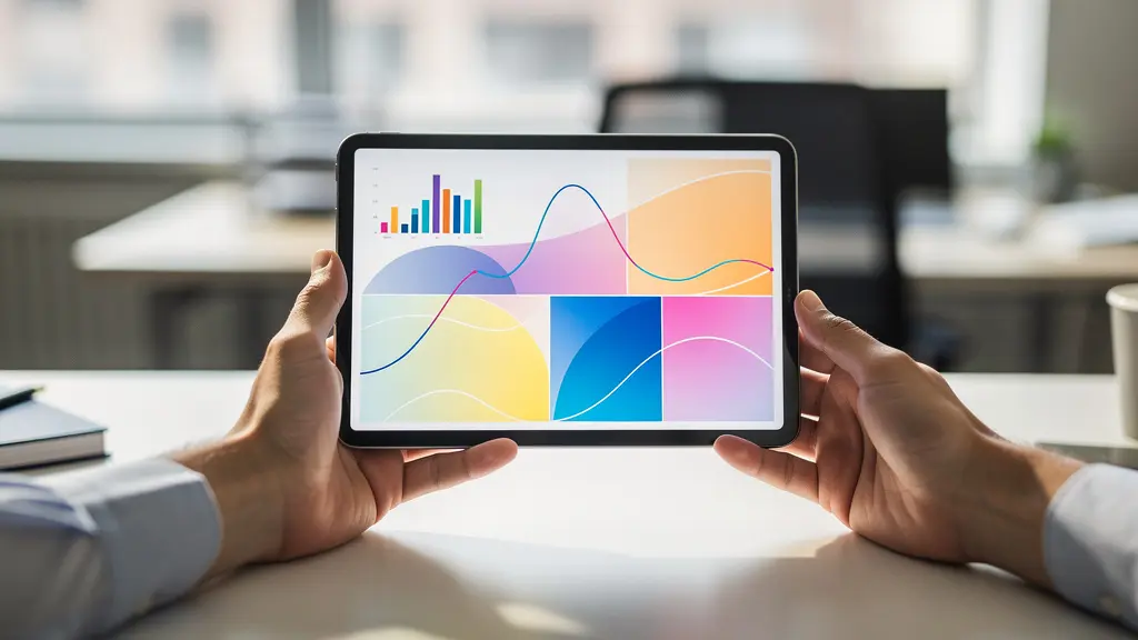 Gros plan sur des mains analysant des graphiques de performance sur une tablette posée sur un bureau