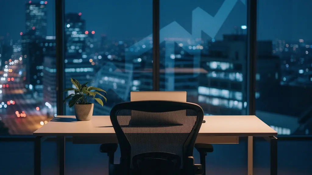 Vue nocturne d'un bureau moderne avec écrans affichant des graphiques de ventes automatisées