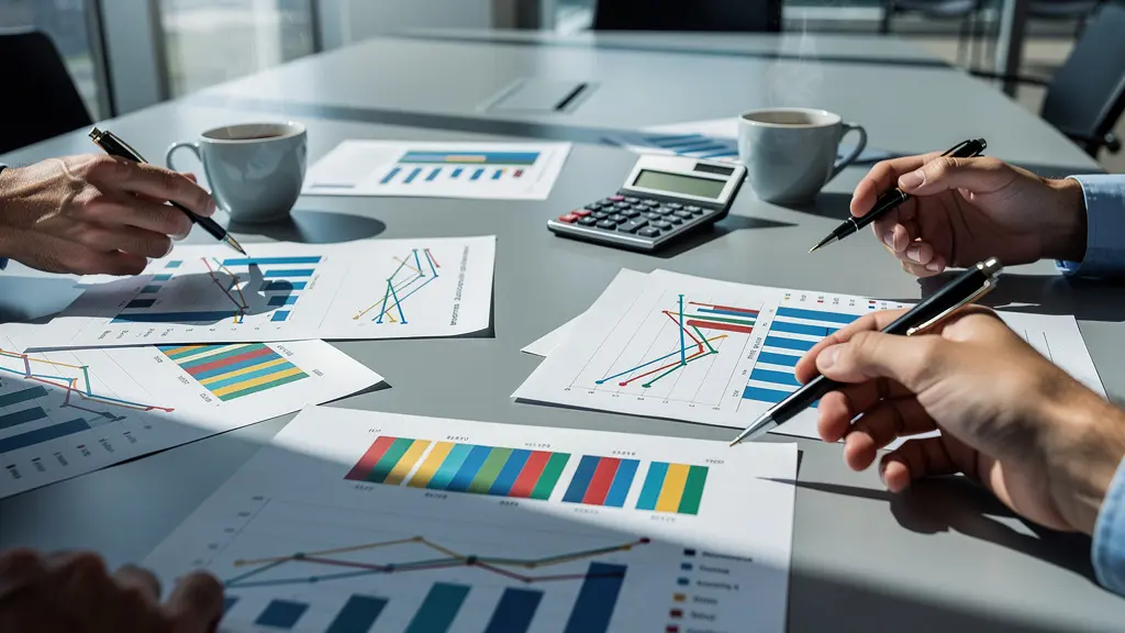 Professionnels analysant des tableaux de données financières et des graphiques de performance sur une table de réunion