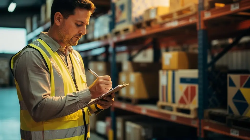 Employé notant ses observations sur un carnet pendant son travail quotidien en entrepôt