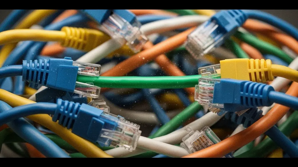 Vue macro en gros plan d'un enchevêtrement de câbles de connexion de différentes couleurs symbolisant la complexité de la gestion de données produit multicanale