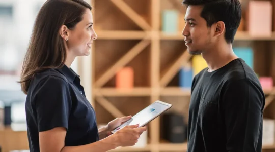 Vendeur en magasin utilisant une tablette pour accompagner un client dans un environnement retail moderne