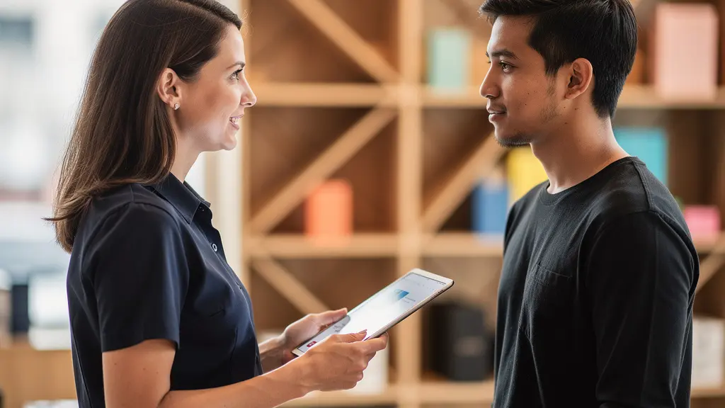 Vendeur en magasin utilisant une tablette pour accompagner un client dans un environnement retail moderne