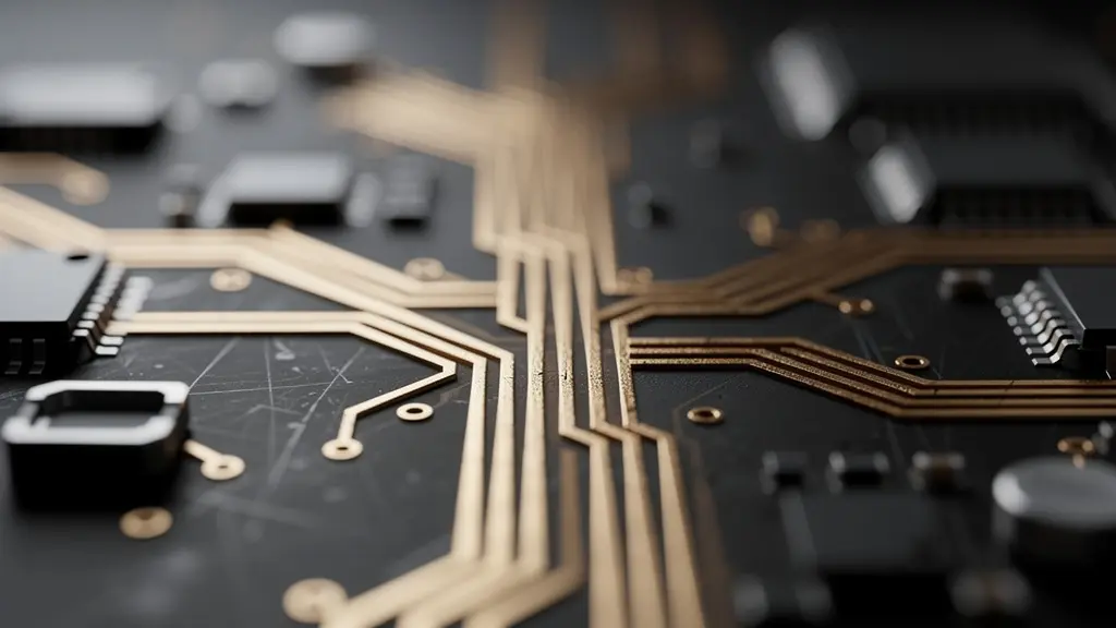 Vue macro de circuits électroniques avec des chemins de données divergents symbolisant les différents modes de rendu