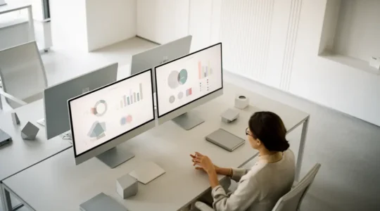 Vue aérienne d'un bureau moderne avec un professionnel analysant des données de performance marketing sur plusieurs écrans, montrant des graphiques de conversion et des indicateurs de leads qualifiés