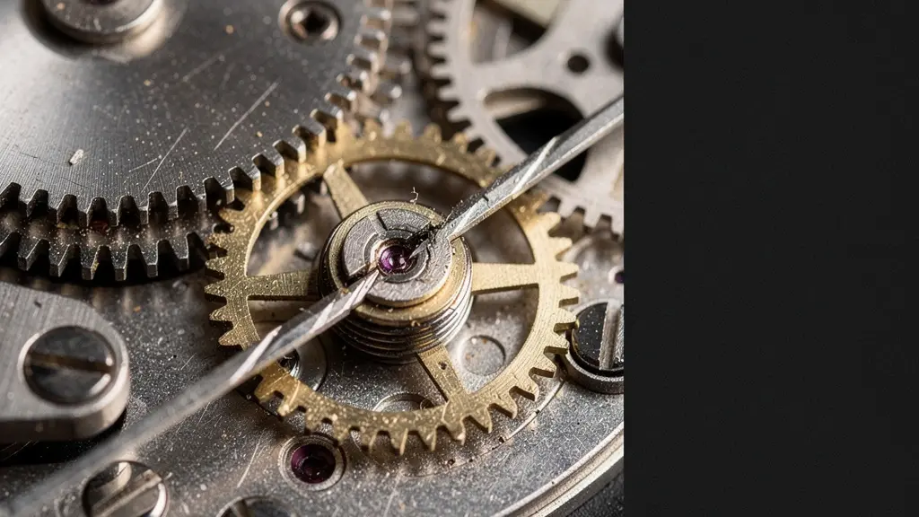 Macro d’un mécanisme d’horlogerie légèrement grippé, métaphore d’un cron job silencieusement cassé et de la nécessité d’alertes.