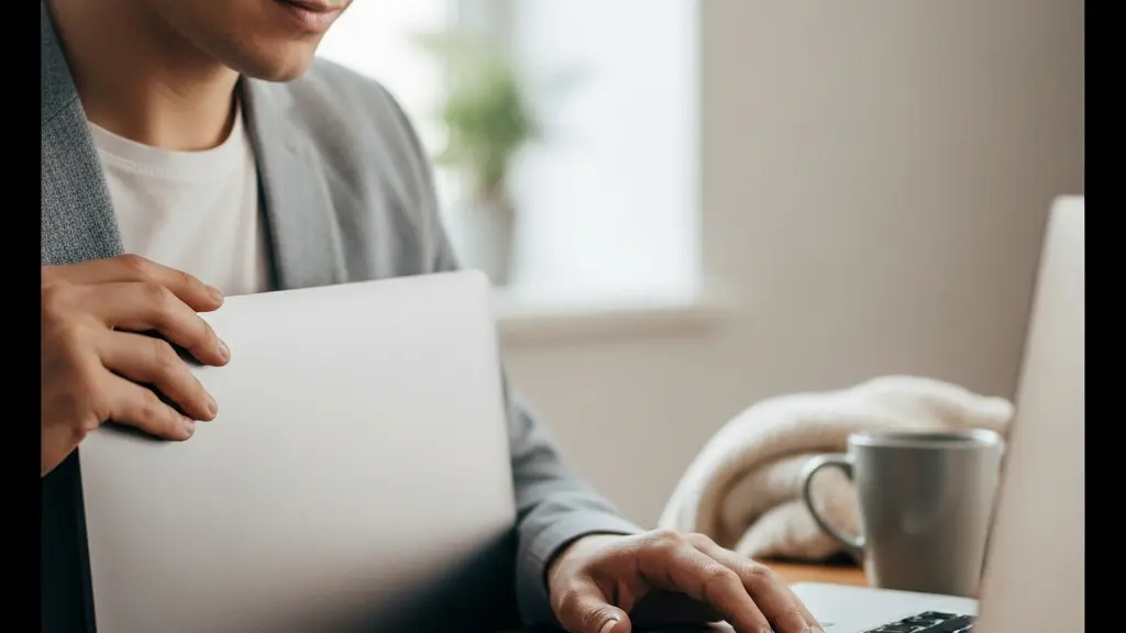 Portrait d'une personne fatiguée qui ferme un ordinateur portable vu de côté et pose un téléphone face contre table, évoquant la déconnexion.