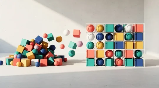 Composition abstraite et minimaliste montrant l'organisation de formes géométriques colorées, symbolisant la structure et l'efficacité d'un Design System.