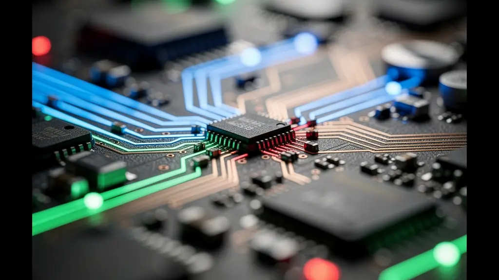 Vue macro détaillée de circuits électroniques avec patterns lumineux suggérant le trafic de données et la détection d'anomalies