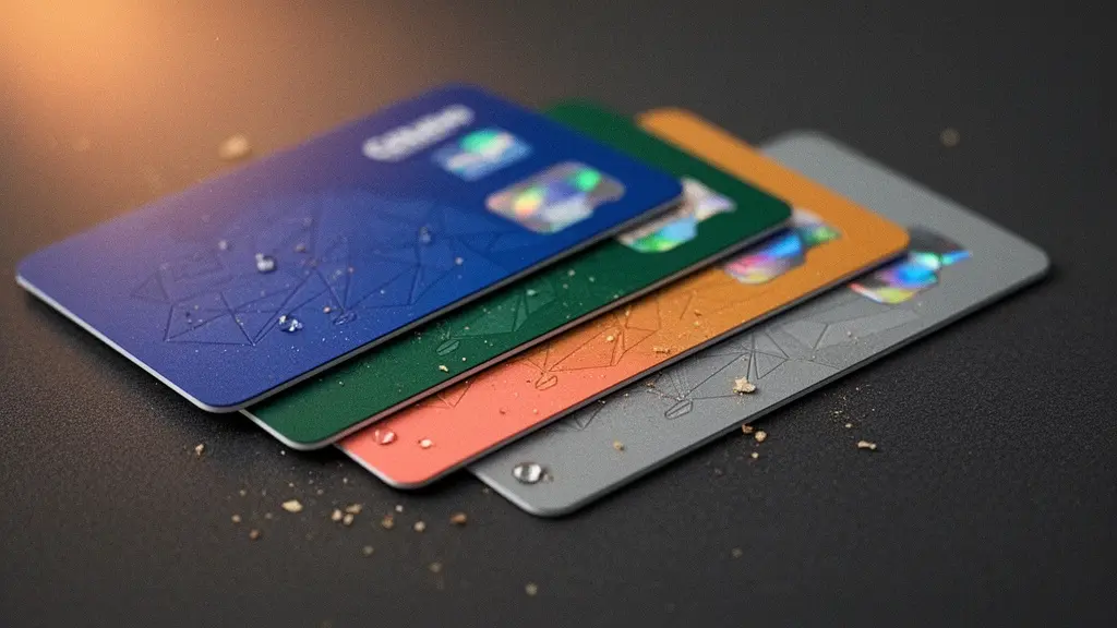 Gros plan macro sur des cartes bancaires superposées avec des reflets lumineux colorés, symbolisant les abonnements SaaS cachés payés par les employés