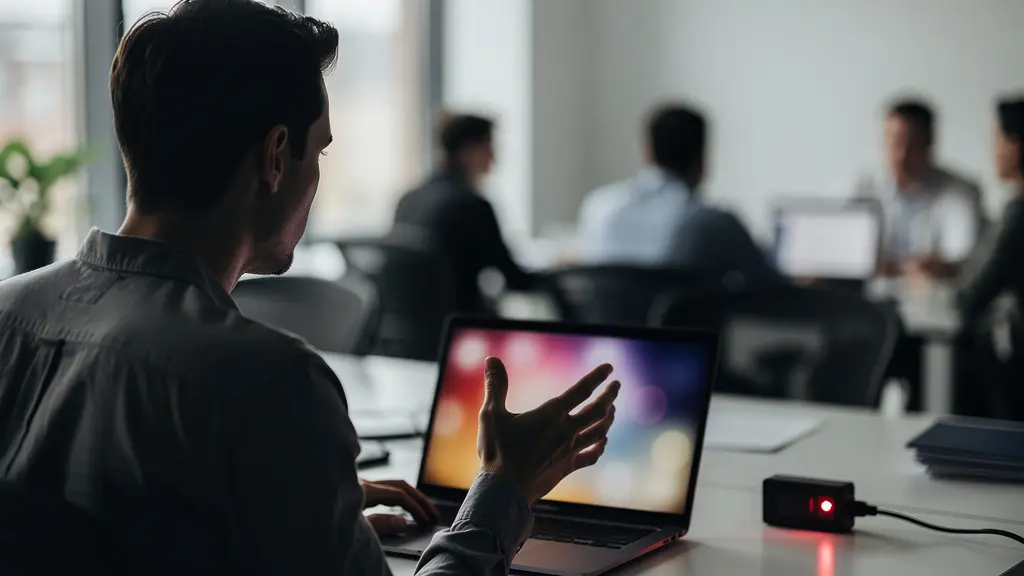 Professionnel enregistrant une capture vidéo de processus sur ordinateur en open space