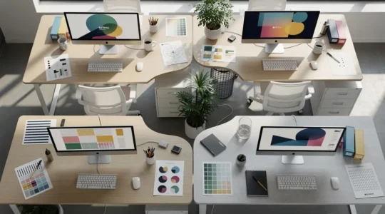 Vue aérienne d'un bureau moderne avec plusieurs écrans affichant des interfaces colorées harmonieuses