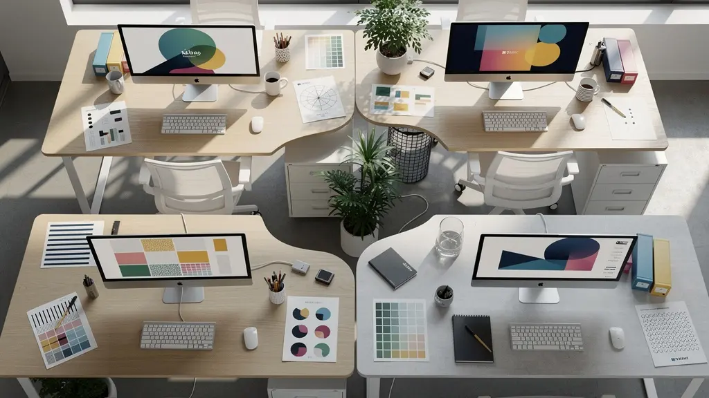 Vue aérienne d'un bureau moderne avec plusieurs écrans affichant des interfaces colorées harmonieuses