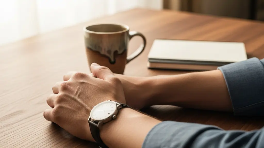 Gros plan sur des mains de dirigeant posées sur une surface en bois naturel à côté d'une tasse de café et d'un carnet fermé, symbolisant l'équilibre entre professionnalisme et humanité