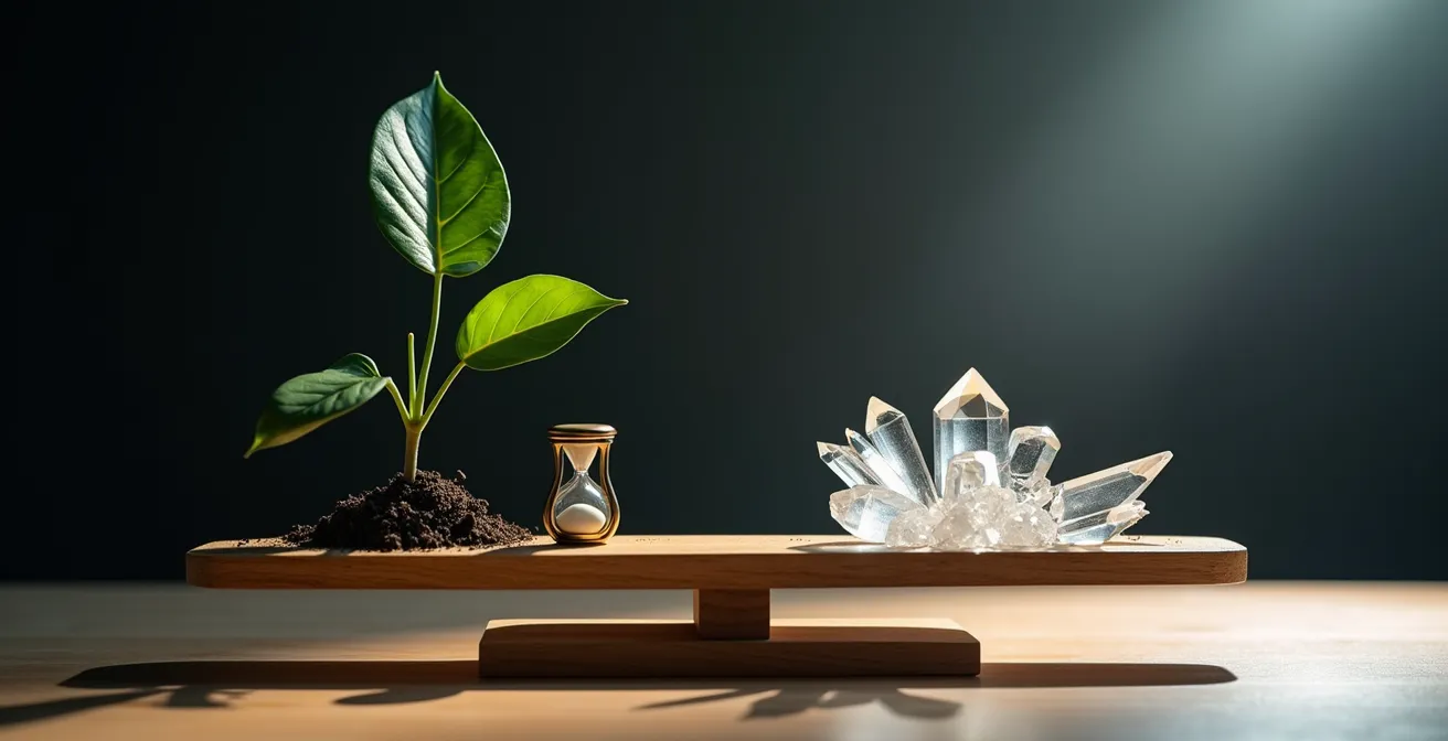 Balance symbolique entre SEO et SEA représentée par des éléments naturels et technologiques