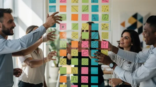 Équipe collaborative travaillant autour d'un tableau agile dans un espace de travail moderne