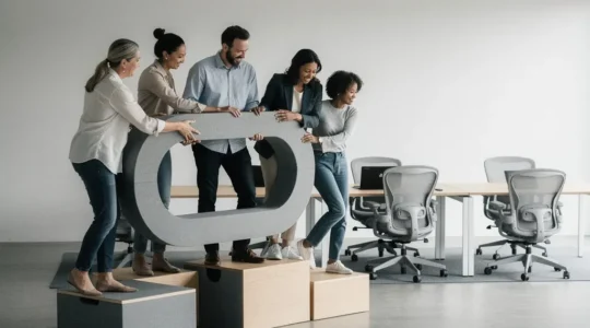 Une equipe de collaborateurs franchit un obstacle symbolique dans un bureau moderne, representant l'adoption du changement numerique.