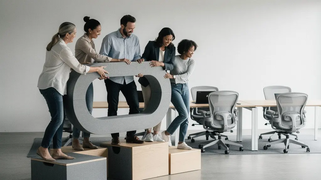Une equipe de collaborateurs franchit un obstacle symbolique dans un bureau moderne, representant l'adoption du changement numerique.