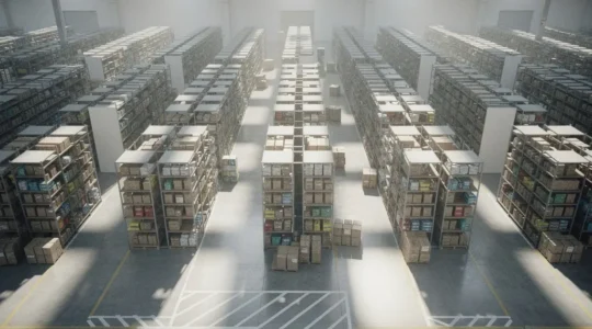 Vue aérienne d'un entrepôt e-commerce moderne avec des allées labyrinthiques de produits et des espaces inaccessibles