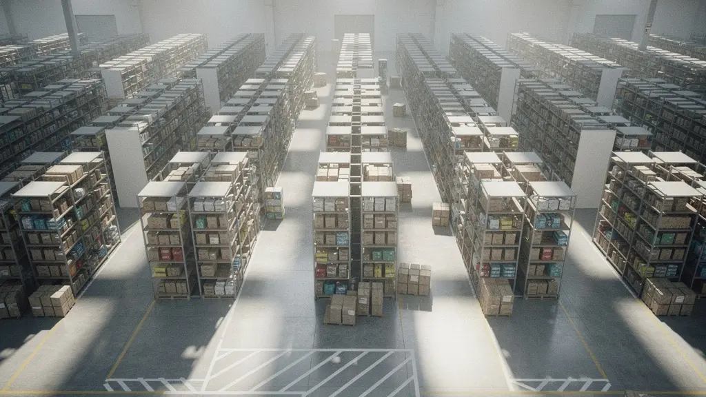 Vue aérienne d'un entrepôt e-commerce moderne avec des allées labyrinthiques de produits et des espaces inaccessibles