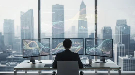 Expert en formation e-business travaillant sur des données de spécialisation dans un environnement moderne