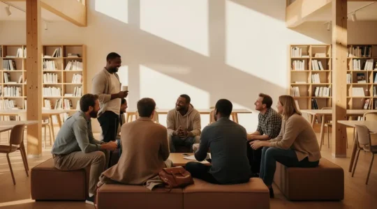 Plan large cinématographique d'un cercle de personnes diversifiées en interaction harmonieuse dans un espace architectural lumineux et chaleureux, évoquant l'apprentissage et la connexion humaine.