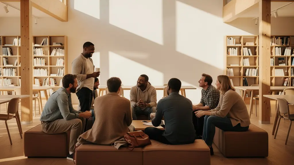 Plan large cinématographique d'un cercle de personnes diversifiées en interaction harmonieuse dans un espace architectural lumineux et chaleureux, évoquant l'apprentissage et la connexion humaine.