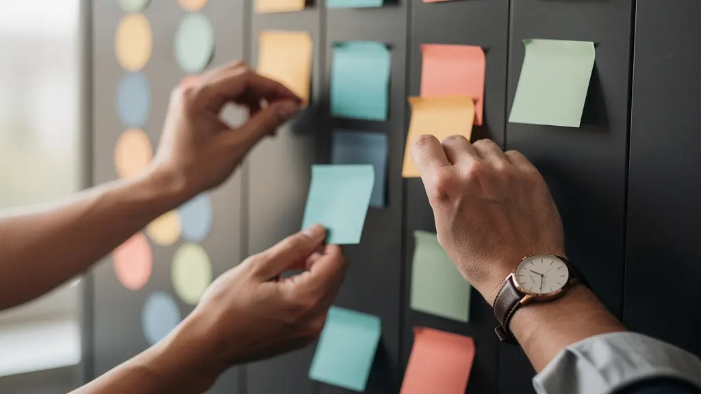 Mains déplaçant des cartes colorées sur un tableau de tâches physique, illustrant le flux de travail Kanban pour la maintenance d'un site e-commerce