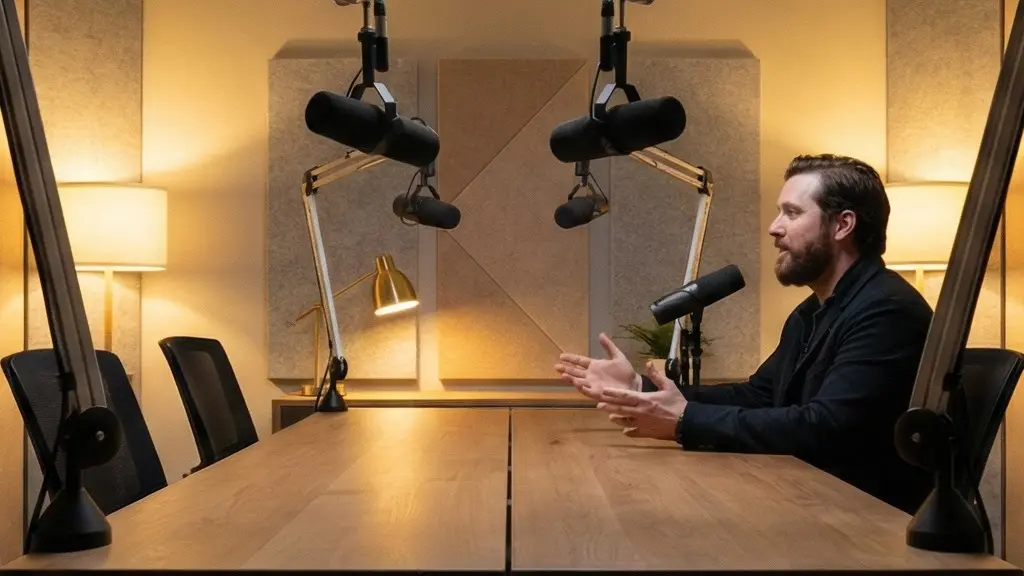 Une représentation visuelle d'un studio de podcast professionnel avec équipement d'enregistrement