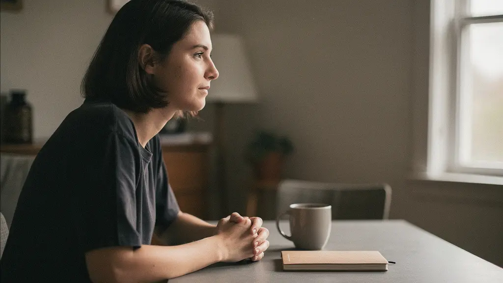 Portrait d'un collaborateur en teletravail, assis seul dans un interieur calme, exprimant une fatigue relationnelle.