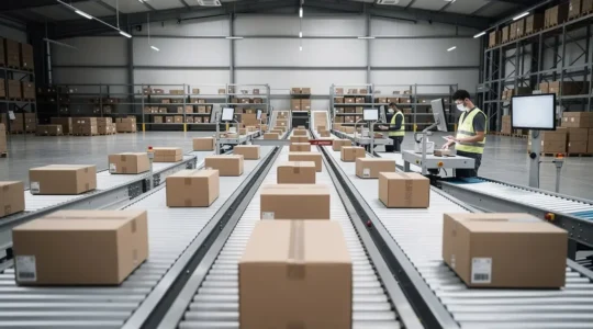 Entrepôt logistique moderne avec système de tri automatisé pour la gestion des retours e-commerce
