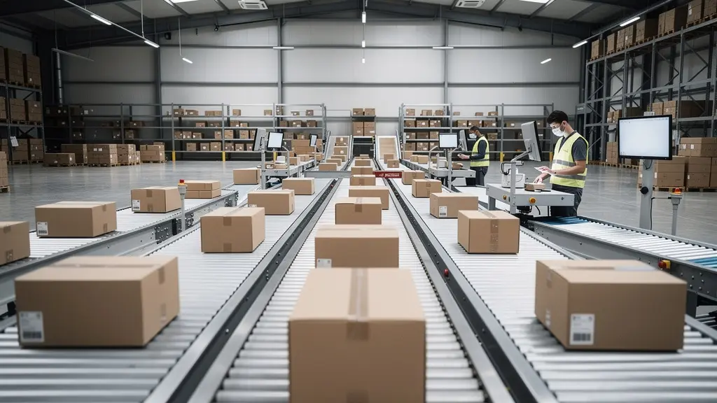 Entrepôt logistique moderne avec système de tri automatisé pour la gestion des retours e-commerce