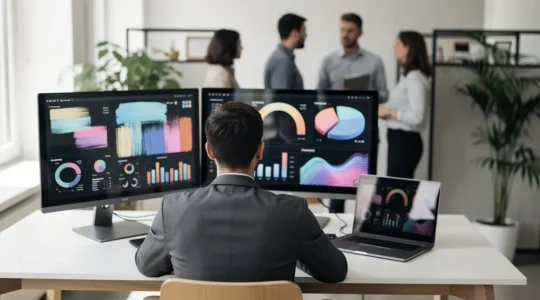 Manager junior analysant des indicateurs de performance e-commerce sur plusieurs écrans dans un environnement de travail moderne