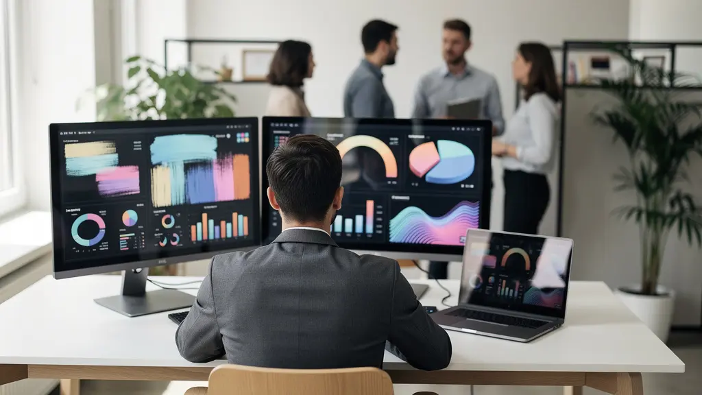 Manager junior analysant des indicateurs de performance e-commerce sur plusieurs écrans dans un environnement de travail moderne