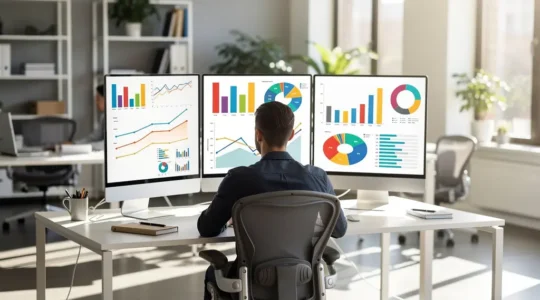 Expert en marketing digital analysant des graphiques de performance et des indicateurs ROAS sur plusieurs écrans dans un bureau moderne