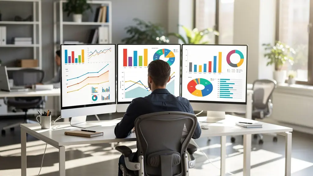 Expert en marketing digital analysant des graphiques de performance et des indicateurs ROAS sur plusieurs écrans dans un bureau moderne