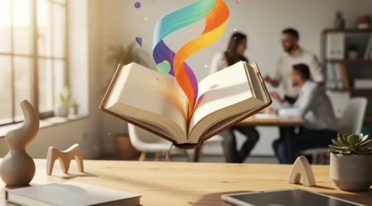 Une scène de narration visuelle montrant un récit de marque authentique avec des éléments symboliques