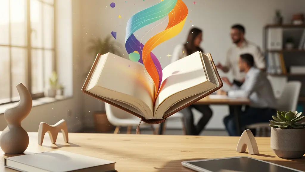 Une scène de narration visuelle montrant un récit de marque authentique avec des éléments symboliques