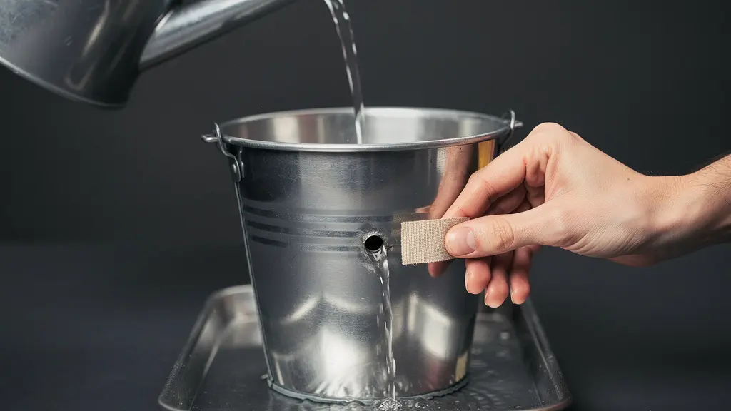 Un seau métallique fuit goutte à goutte pendant qu'une main colmate la fuite, métaphore d'une base clients qui se vide malgré l'acquisition.