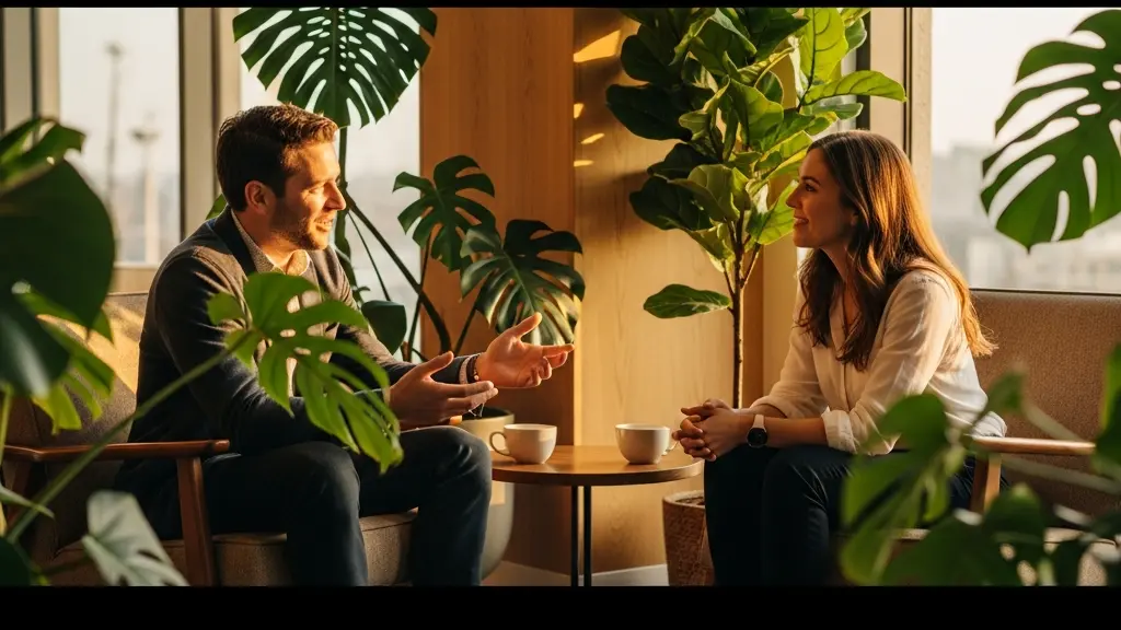 Fauteuil design dans un espace lumineux et chaleureux avec une plante verte, évoquant un lieu de conversation informelle entre dirigeants