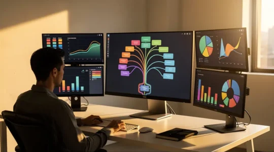 Expert analysant la structure d'un compte Google Ads sur plusieurs écrans avec graphiques de performance et réduction des coûts